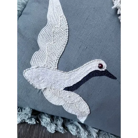 LOLOI Justina Blakeney blue beaded Egret bird embellished accent throw pillow - Picture 5 of 6